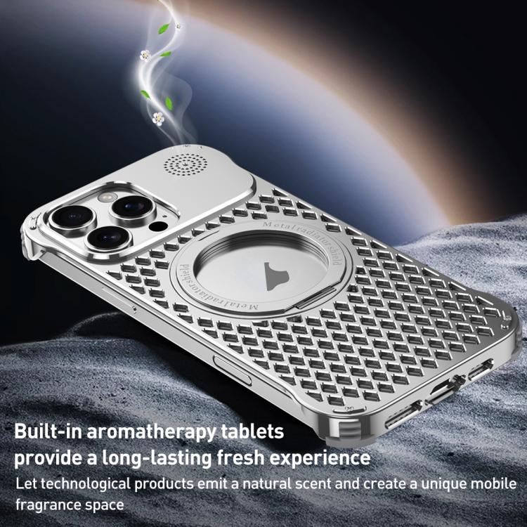 For iPhone 15 Pro Max R-JUST RJ-64 Aromatherapy Heat Dissipation MagSafe Phone Case with Stand(Silver) - free shipping - PMc TechLife - Order now!
