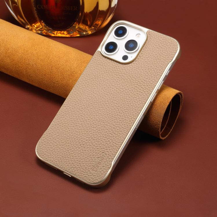 For iPhone 14 Pro Denior A20 Genuine Leather Litchi Texture MagSafe Frameless Phone Case(Khaki) - free shipping - PMc TechLife - Order now!