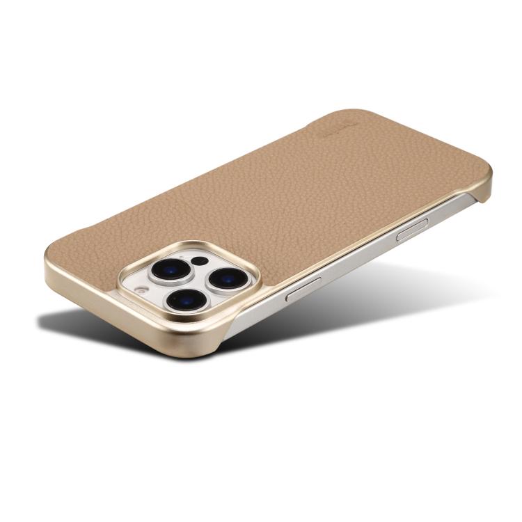 For iPhone 14 Pro Denior A20 Genuine Leather Litchi Texture MagSafe Frameless Phone Case(Khaki) - free shipping - PMc TechLife - Order now!
