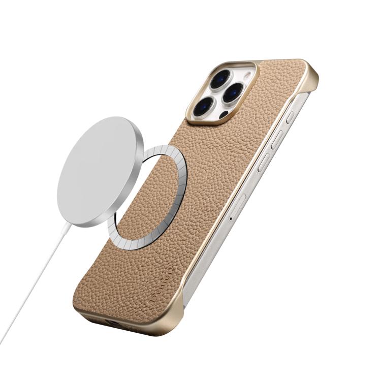 For iPhone 14 Pro Denior A20 Genuine Leather Litchi Texture MagSafe Frameless Phone Case(Khaki) - free shipping - PMc TechLife - Order now!