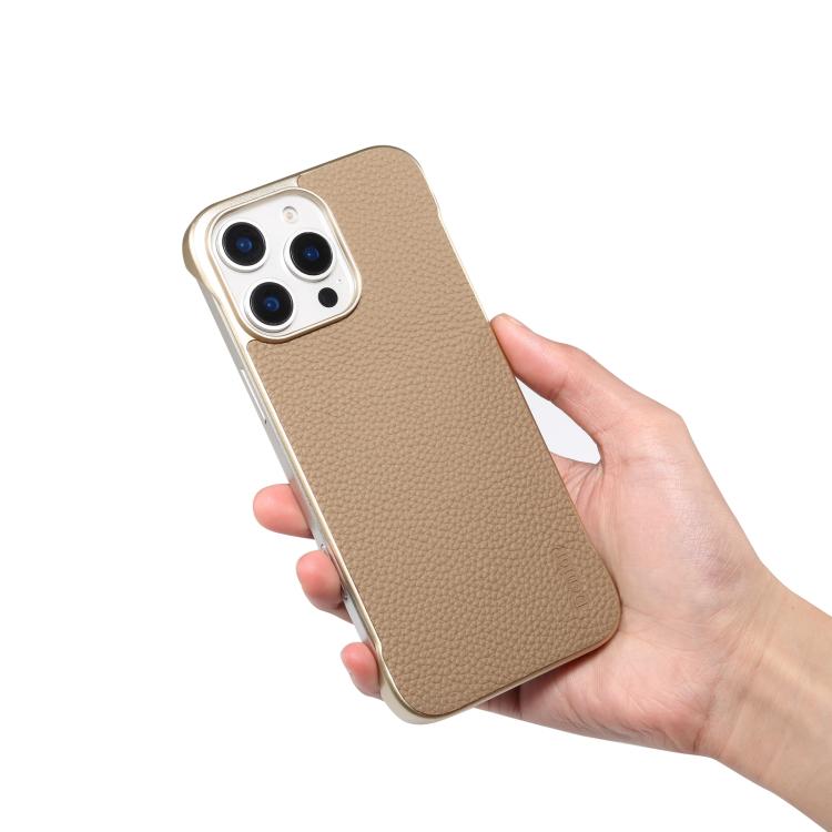 For iPhone 15 Pro Denior A20 Genuine Leather Litchi Texture MagSafe Frameless Phone Case(Khaki) - free shipping - PMc TechLife - Order now!