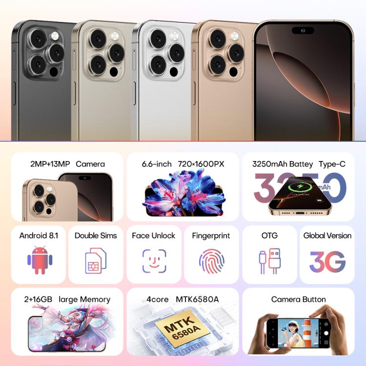 A88 / i16 Pro Max, 2GB+16GB, 6.6 inch Android 8.1 MTK6580A Quad Core, OTG, Network: 3G, Dual SIM, Plug:AU Plug(Titanium Grey) - free shipping - PMc TechLife - Order now!