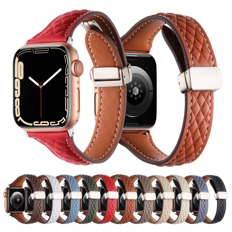 For Apple Watch 42mm / 41mm / 40mm / 38mm Kalebol Diamond Pattern Magnetic Buckle Leather Strap(Mud Grey) - Watch Bands by Kalebol | Online Shopping South Africa | PMC TechLife | Buy Now Pay Later Mobicred