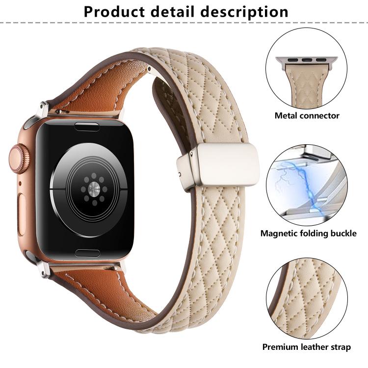 For Apple Watch 42mm / 41mm / 40mm / 38mm Kalebol Diamond Pattern Magnetic Buckle Leather Strap(White) - Watch Bands by Kalebol | Online Shopping South Africa | PMC TechLife | Buy Now Pay Later Mobicred