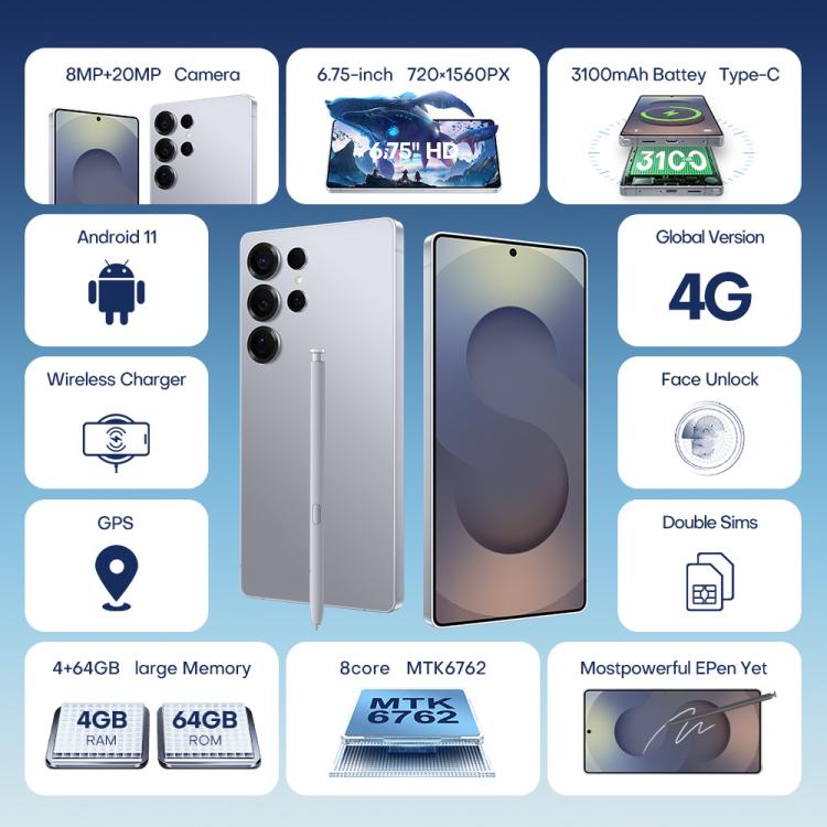 F102 / S25 Ultra, 4GB+64GB, 6.75 inch Android 11 MTK6762 Octa Core, Network: 4G, Dual SIM, Support Wireless Charging, Plug:US Plug(Titanium Sliver) - free shipping - PMc TechLife - Order now!
