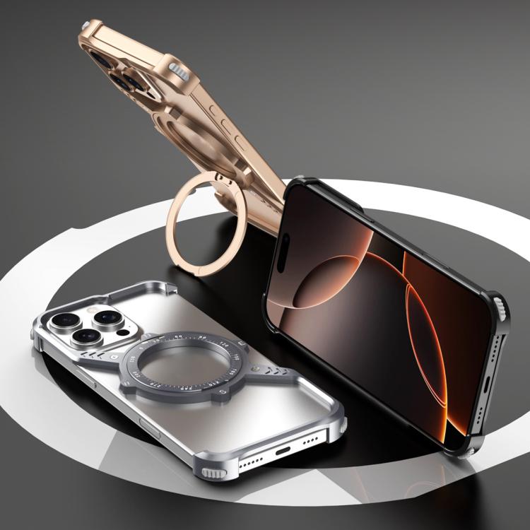 For iPhone 15 S Shaped 360 Holder Airbag Frameless MagSafe Metal Phone Case(Space Gray) - free shipping - PMC TechLife - Order now!