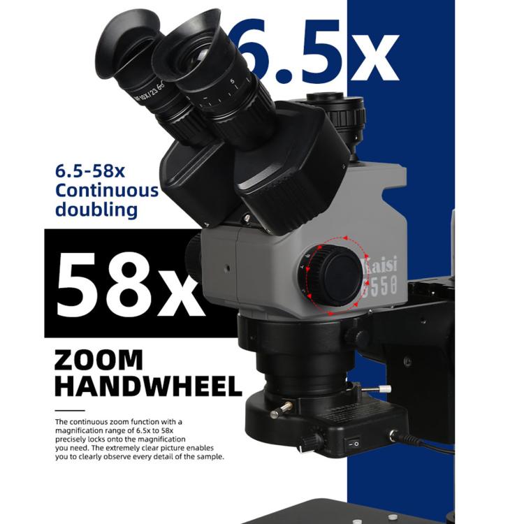 Kaisi 6558 6.5-58X Synchronous Zoom Trinocular Stereo Microscope - free shipping - PMC TechLife - Order now!