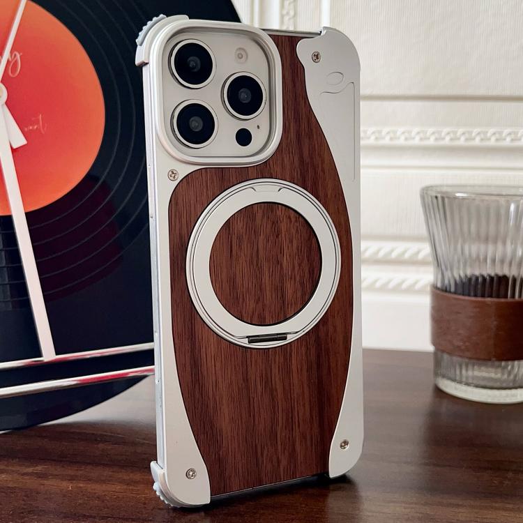 For iPhone 16 Pro Max Walnut Metal Frameless 360 Degree Rotation Holder MagSafe Phone Case(Silver) - free shipping - PMC TechLife - Order now!