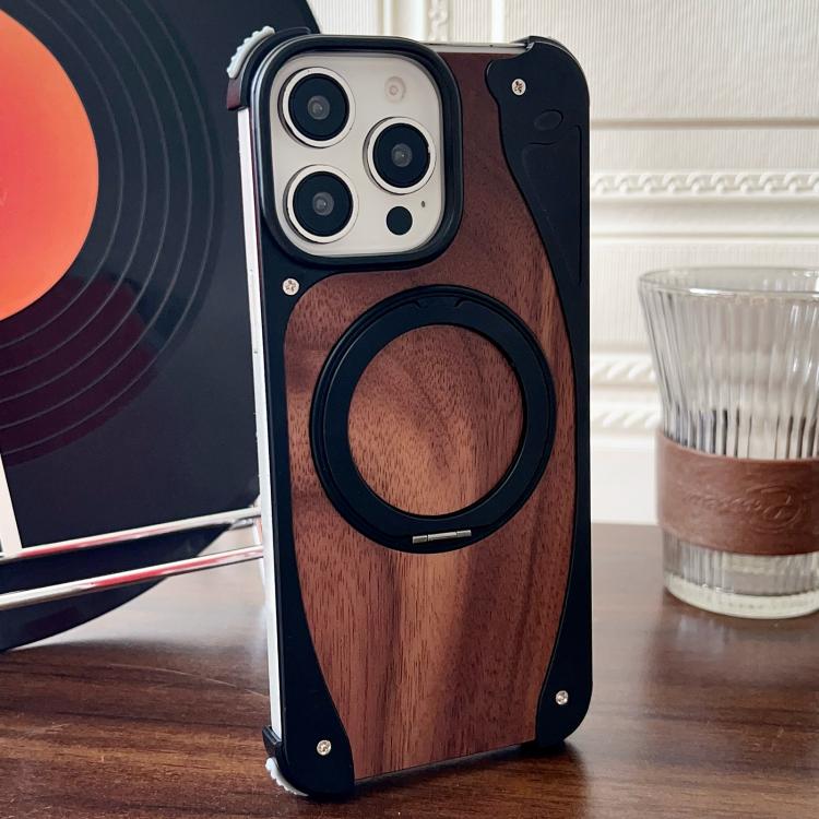 For iPhone 15 Pro Walnut Metal Frameless 360 Degree Rotation Holder MagSafe Phone Case(Black) - free shipping - PMC TechLife - Order now!