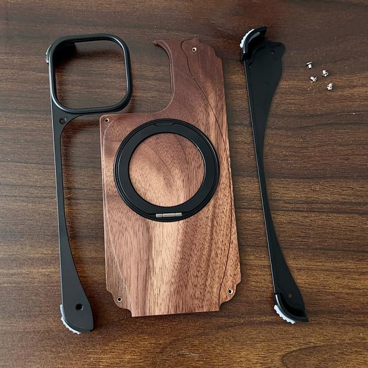 For iPhone 15 Pro Max Walnut Metal Frameless 360 Degree Rotation Holder MagSafe Phone Case(Black) - free shipping - PMC TechLife - Order now!