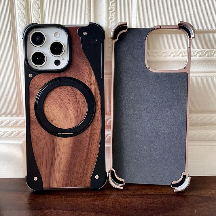 For iPhone 16 Pro Max Walnut Metal Frameless 360 Degree Rotation Holder MagSafe Phone Case(Black) - free shipping - PMC TechLife - Order now!