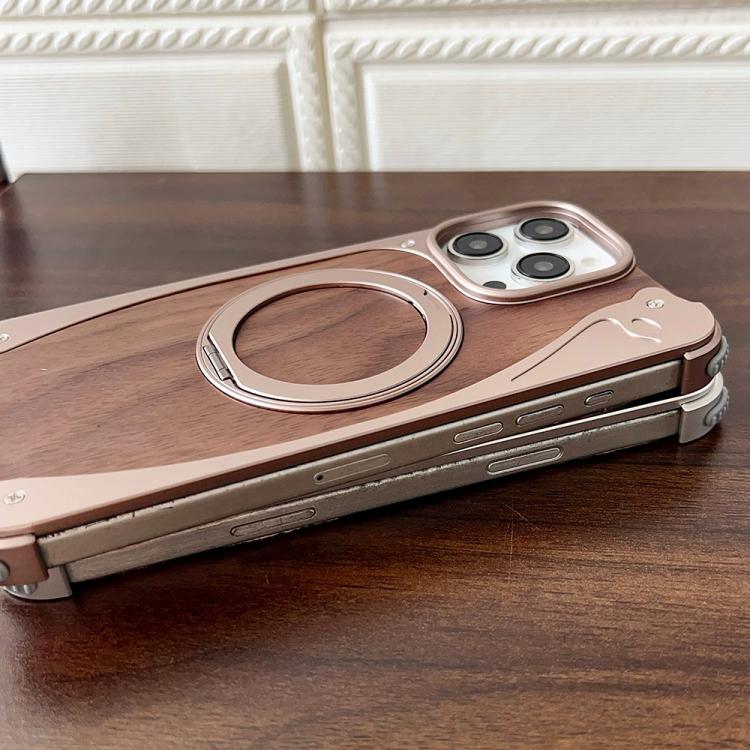For iPhone 15 Pro Walnut Metal Frameless 360 Degree Rotation Holder MagSafe Phone Case(Black) - free shipping - PMC TechLife - Order now!