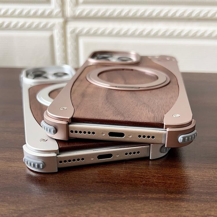 For iPhone 15 Pro Walnut Metal Frameless 360 Degree Rotation Holder MagSafe Phone Case(Black) - free shipping - PMC TechLife - Order now!