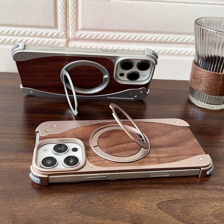 For iPhone 15 Pro Max Walnut Metal Frameless 360 Degree Rotation Holder MagSafe Phone Case(Black) - free shipping - PMC TechLife - Order now!