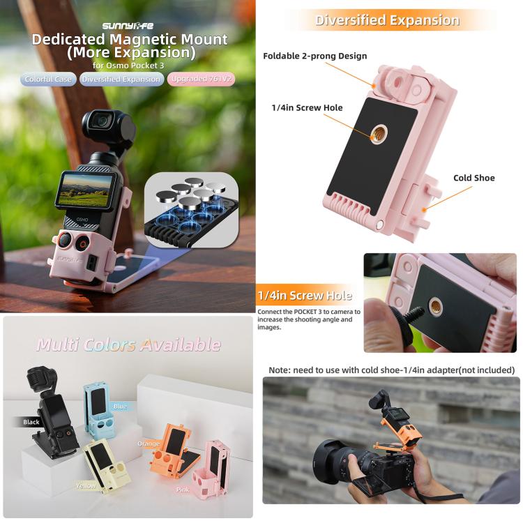 For DJI OSMO Pocket 3 Sunnylife Magnetic Mount 1/4 Adapter Cold Shoe Tabletop Base Bracket Angles Adjustable Multi Expansion Mount(Yellow) - free shipping - PMC TechLife - Order now!