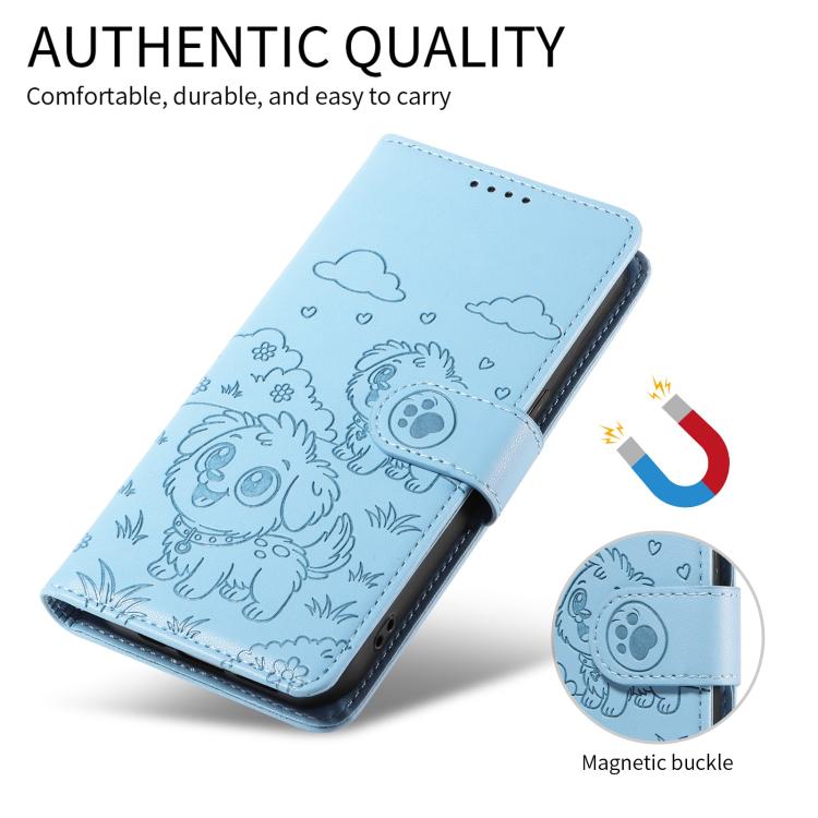 For Motorola Moto G05 / E15 Embossed Heart Dog RFID Blocking Wallet Leather Phone Case(Sky Blue) - free shipping - PMC TechLife - Order now!