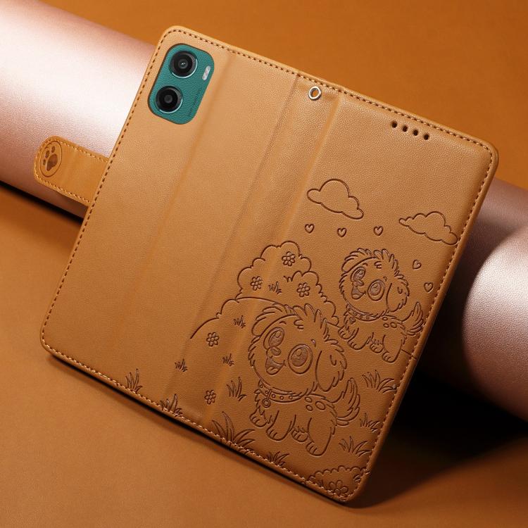 For Motorola Moto G05 / E15 Embossed Heart Dog RFID Blocking Wallet Leather Phone Case(Brown) - free shipping - PMC TechLife - Order now!