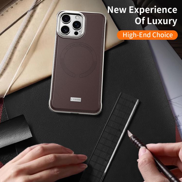For iPhone 16 Pro J TRIBE Metal Frameless Plain Leather MagSafe Phone Case(Brown) - free shipping - PMC TechLife - Order now!
