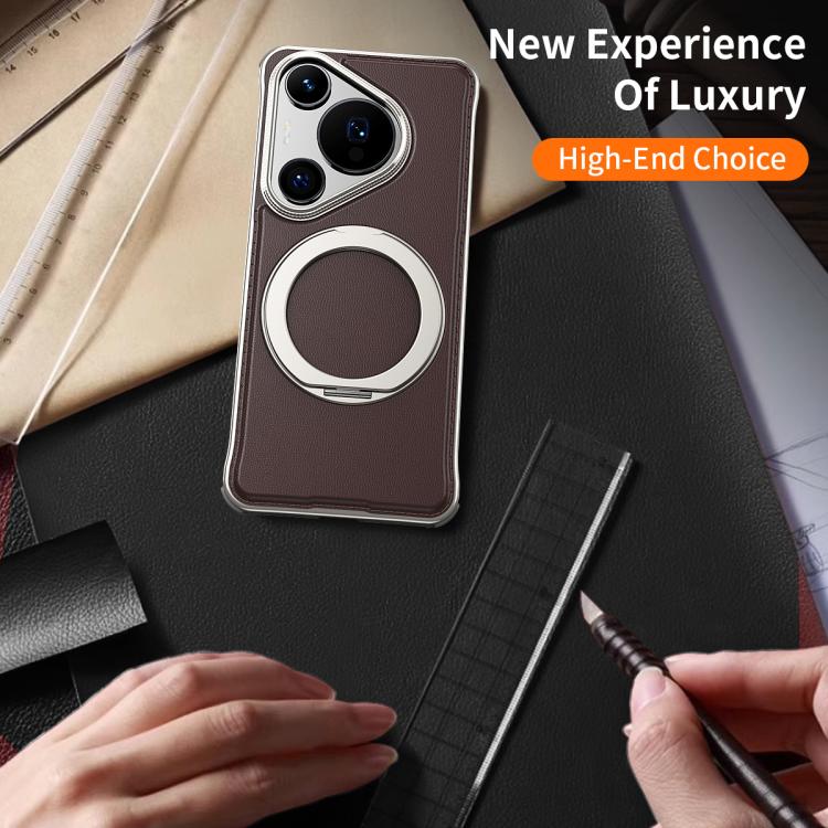 For Huawei Pura 70 Metal Frameless Plain Leather MagSafe Holder Phone Case(Brown) - free shipping - PMC TechLife - Order now!