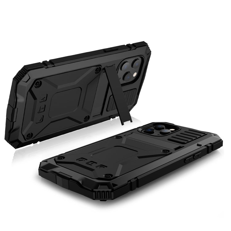 For iPhone 12 / 12 Pro R-JUST Shockproof Waterproof Dust-proof Metal + Silicone Protective Case with Holder(Black) - iPhone 12 / 12 Pro Cases by R-JUST | Online Shopping South Africa | PMC Jewellery | Buy Now Pay Later Mobicred