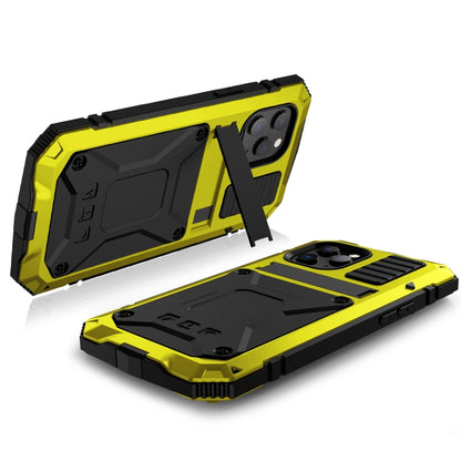 For iPhone 12 / 12 Pro R-JUST Shockproof Waterproof Dust-proof Metal + Silicone Protective Case with Holder(Yellow) - iPhone 12 / 12 Pro Cases by R-JUST | Online Shopping South Africa | PMC Jewellery