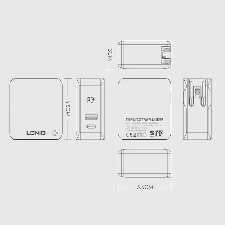 LDNIO A4403C 30W PD + Auto-id Foldable Fast Travel Charger with 1m USB-C / Type-C Cable, UK Plug - free shipping - PMC TechLife - Order now!