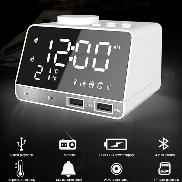 K11 Bluetooth Alarm Clock Speaker Creative Digital Music Clock Display Radio with Dual USB Interface, Support U Disk / TF Card / FM / AUX, UK Plug(White) - Alarm Clocks by PMc TechLife | Online Shopping South Africa | PMc TechLife | Buy Now Pay Later Mobicred