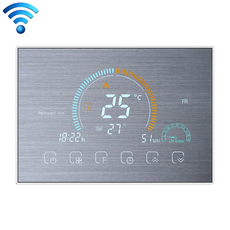 BHT-8000-GCLW-SS Brushed Stainless Steel Mirror Controlling Water/Gas Boiler Heating Energy-saving and Environmentally-friendly Smart Home Negative Display LCD Screen Round Room Thermostat with WiFi - Thermostat & Thermometer by PMC Jewellery | Online Shopping South Africa | PMC Jewellery | Buy Now Pay Later Mobicred