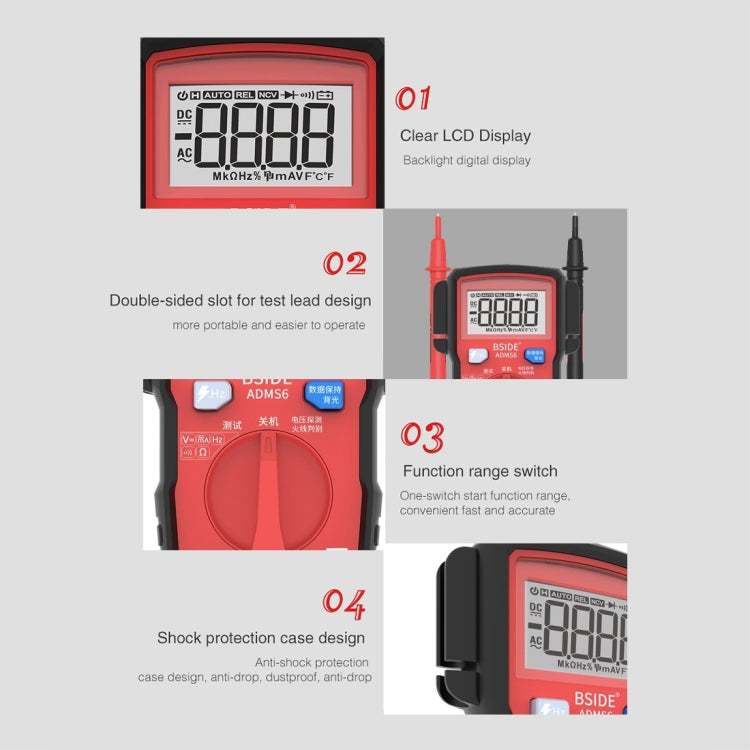 BSIDE ADMS6 High-precision Fully Automatic Small Digital Intelligent Multimeter with HD Digital Display & Shockproof Cover, Support Function Range Switch & Double-sided Pen Holder (Black) - Digital Multimeter by PMC TechLife | Online Shopping South Africa | PMC TechLife | Buy Now Pay Later Mobicred
