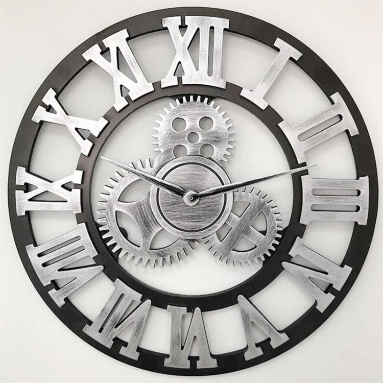 Retro Wooden Round Single-sided Gear Clock Rome Number Wall Clock, Diameter: 35cm(Silver) - Wall Clock by PMc TechLife | Online Shopping South Africa | PMc TechLife | Buy Now Pay Later Mobicred