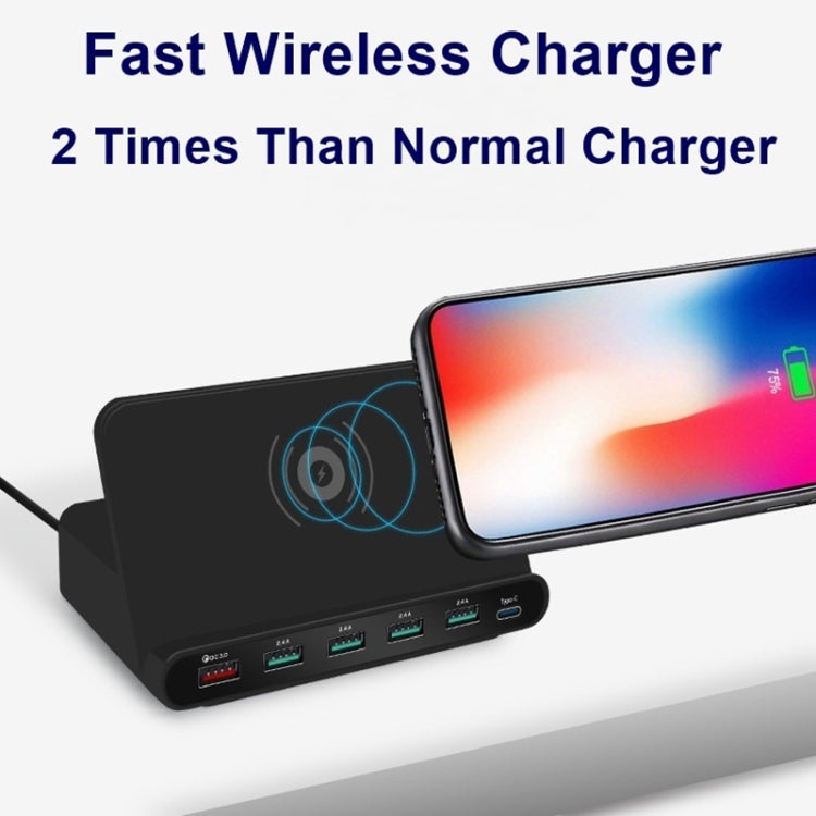 828W 7 in 1 60W QC 3.0 USB Interface + 4 USB Ports + USB-C / Type-C Interface + Wireless Charging Multi-function Charger with Mobile Phone Holder Function, AU Plug(Black) - Multifunction Charger by PMC Jewellery | Online Shopping South Africa | PMC Jewellery | Buy Now Pay Later Mobicred