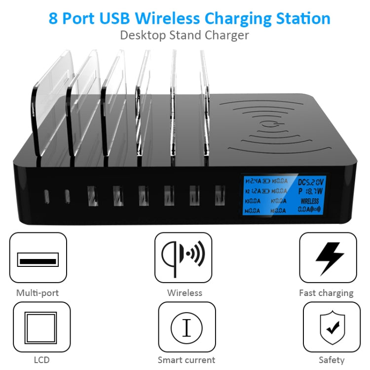 50W 6 USB Ports + 2 USB-C / Type-C Ports + Wireless Charging Multi-function Charger with LED Display & Detachable Bezel, EU Plug - Multifunction Charger by PMC Jewellery | Online Shopping South Africa | PMC Jewellery | Buy Now Pay Later Mobicred