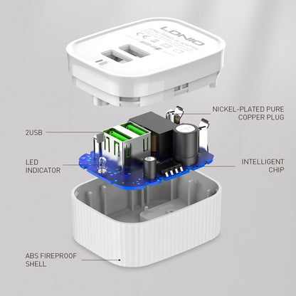 LDNIO A201 2.4A Dual USB Charging Head Travel Direct Charge Mobile Phone Adapter Charger With Micro USB Data Cable(UK Plug) - USB Charger by LDNIO | Online Shopping South Africa | PMC Jewellery | Buy Now Pay Later Mobicred