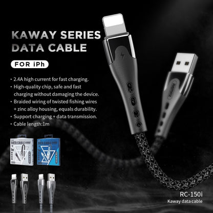 REMAX RC-150i KAWAY Series 1m 2.4A USB to 8 Pin Aluminum Alloy Braid Fast Charging Data Cable (Black) - Normal Style Cable by PMC Jewellery | Online Shopping South Africa | PMC Jewellery | Buy Now Pay Later Mobicred