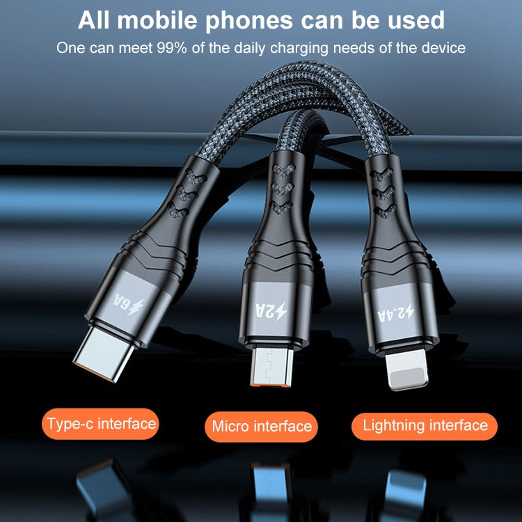 ADC-138 66W 3 in 1 USB to 8 Pin + Micro USB + USB-C / Type-C Fast Charging Braided Data Cable, Cable Length: 1.2m(Black) - Multifunction Cable by PMC Jewellery | Online Shopping South Africa | PMC Jewellery | Buy Now Pay Later Mobicred