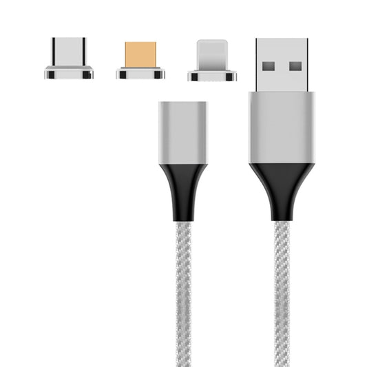 M11 3 in 1 3A USB to 8 Pin + Micro USB + USB-C / Type-C Nylon Braided Magnetic Data Cable, Cable Length: 2m (Silver) - Charging Cable & Head by PMC Jewellery | Online Shopping South Africa | PMC Jewellery | Buy Now Pay Later Mobicred