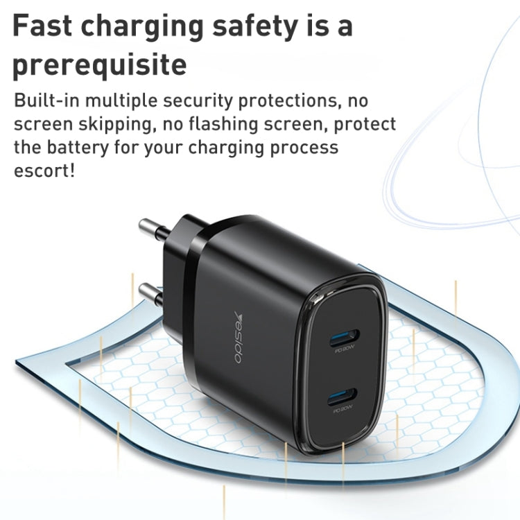 Yesido YC54 Dual USB-C / Type-C Travel Charger with 1m USB-C / Type-C to 8 Pin Cable, EU Plug (Black) - USB Charger by Yesido | Online Shopping South Africa | PMC Jewellery | Buy Now Pay Later Mobicred