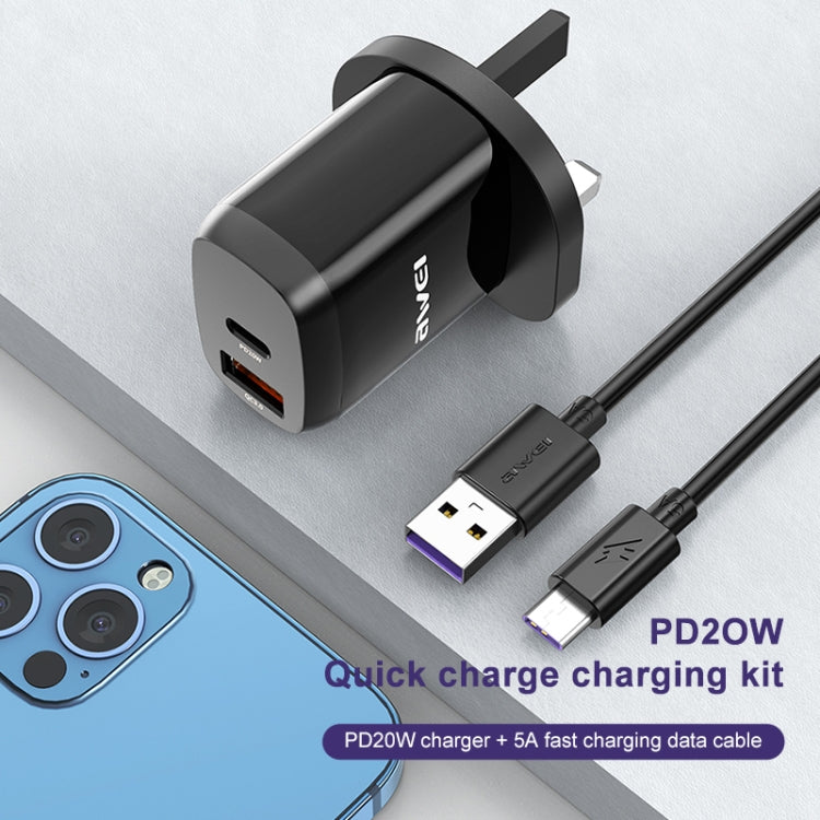 awei PD1 20W PD Type-C + QC 3.0 USB Interface Fast Charging Travel Charger with Data Cable, UK Plug - USB Charger by awei | Online Shopping South Africa | PMC Jewellery | Buy Now Pay Later Mobicred