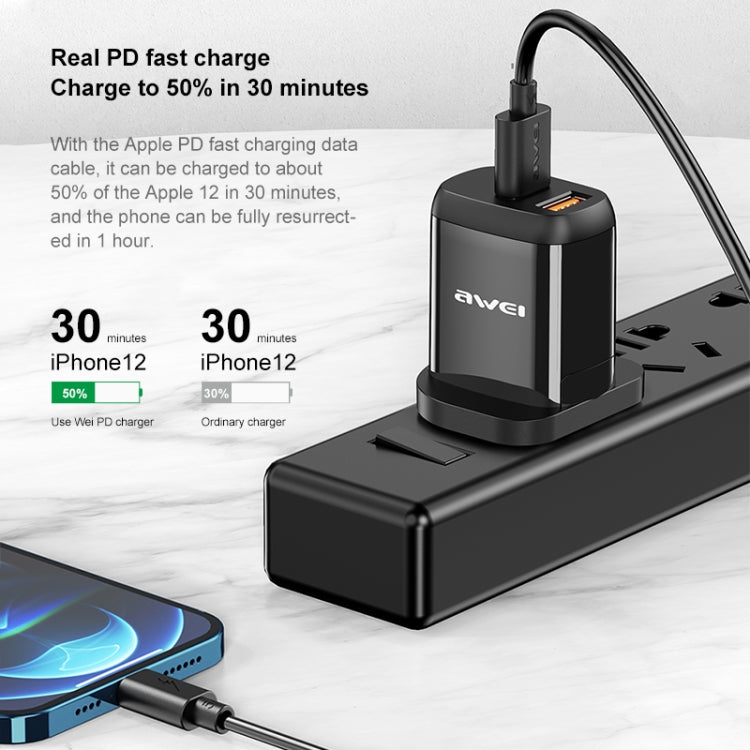 awei PD1 20W PD Type-C + QC 3.0 USB Interface Fast Charging Travel Charger with Data Cable, UK Plug - USB Charger by awei | Online Shopping South Africa | PMC Jewellery | Buy Now Pay Later Mobicred