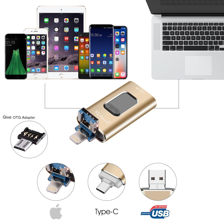 Richwell 3 in 1 32G Type-C + 8 Pin + USB 3.0 Metal Push-pull Flash Disk with OTG Function(Gold) - U Disk & Card Reader by Richwell | Online Shopping South Africa | PMC Jewellery | Buy Now Pay Later Mobicred