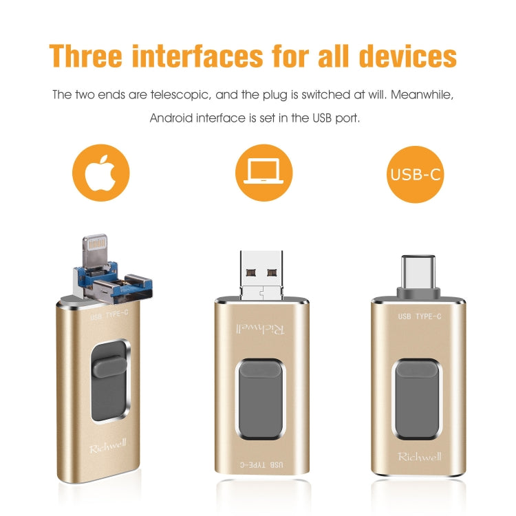 Richwell 3 in 1 128G Type-C + 8 Pin + USB 3.0 Metal Push-pull Flash Disk with OTG Function(Black) - free shipping - PMC Jewellery - Order now!