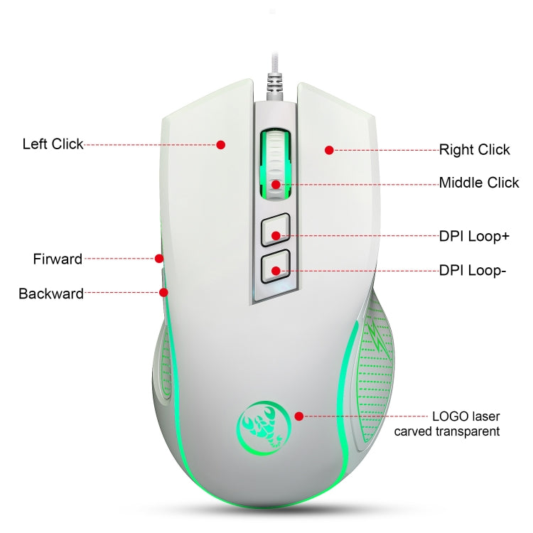 HXSJ X100 7-buttons 3600 DPI Cool Glowing Wired Gaming Mouse, Cable Length: 1.5m (White) - Wired Mice by HXSJ | Online Shopping South Africa | PMC TechLife | Buy Now Pay Later Mobicred