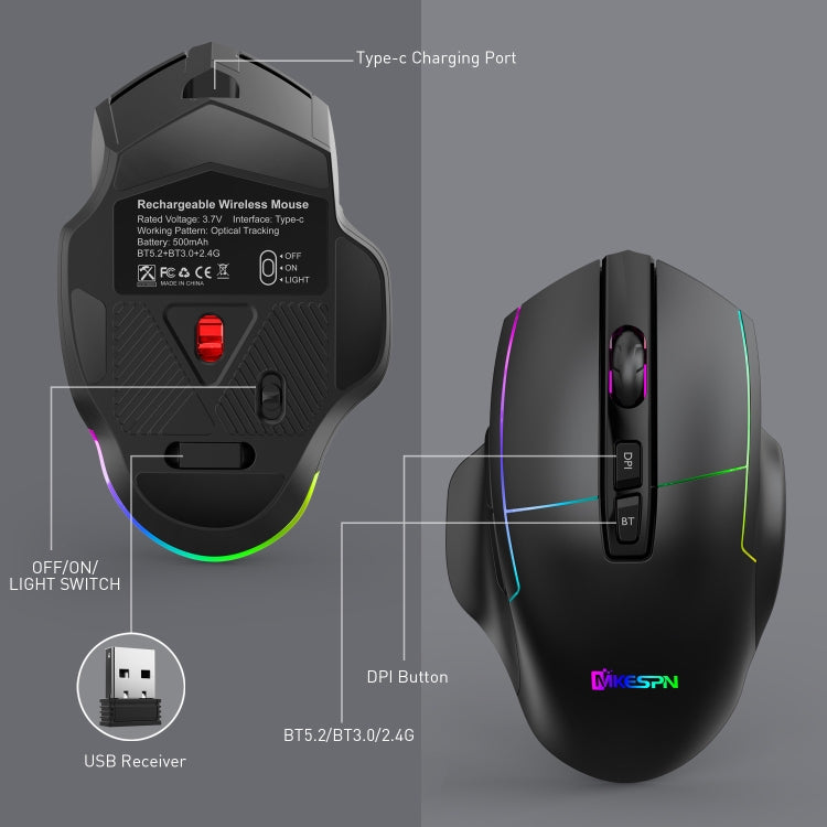 MKESPN X11 Bluetooth Three-modes Charging Wireless RGB Gaming Mouse - Wireless Mice by MKESPN | Online Shopping South Africa | PMC Jewellery | Buy Now Pay Later Mobicred