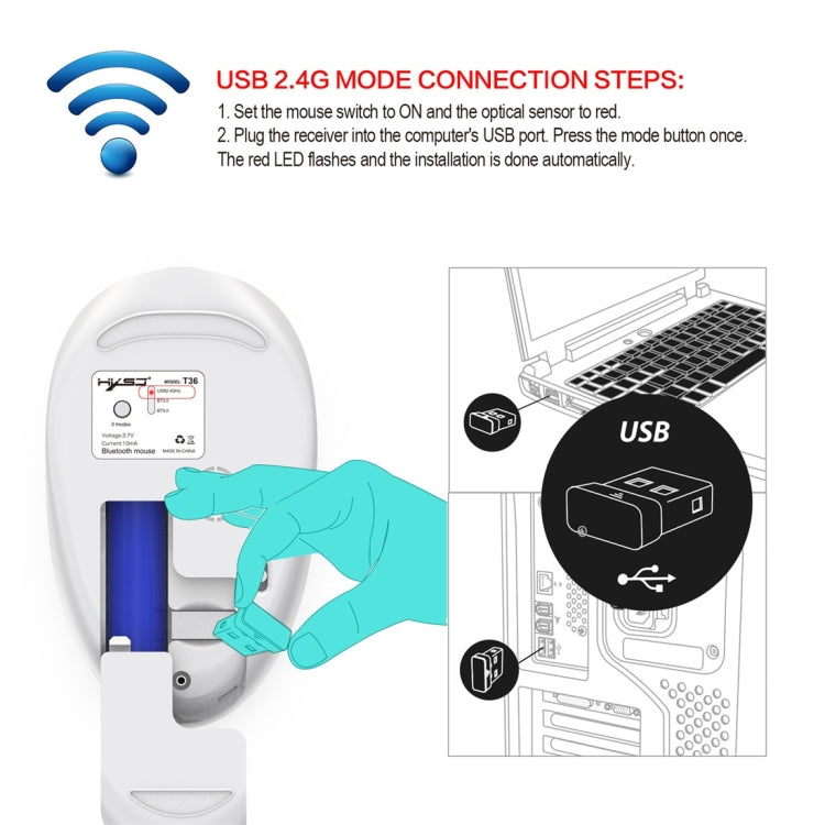 HXSJ T36 2.4G Bluetooth 5.0+3.0 Three-mode Silent Design Wireless Bluetooth Mouse (Silver) - free shipping - PMC Jewellery - Order now!