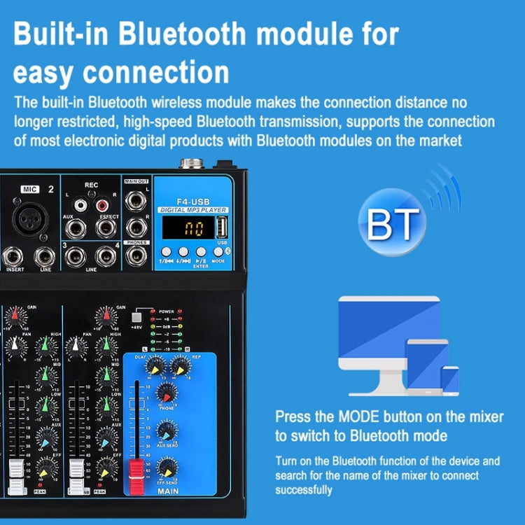 F4 Home 4-channel Bluetooth USB Reverb Mixer, EU Plug (Black) - Live Sound Effects Processors by PMC Jewellery | Online Shopping South Africa | PMC Jewellery | Buy Now Pay Later Mobicred