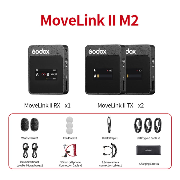 Godox MoveLink II M2 Wireless Lavalier Microphone System with 2 Transmitters and 1 Receiver for DSLR Cameras and Camcorders (Black) - Camera Microphone by Godox | Online Shopping South Africa | PMC Jewellery | Buy Now Pay Later Mobicred