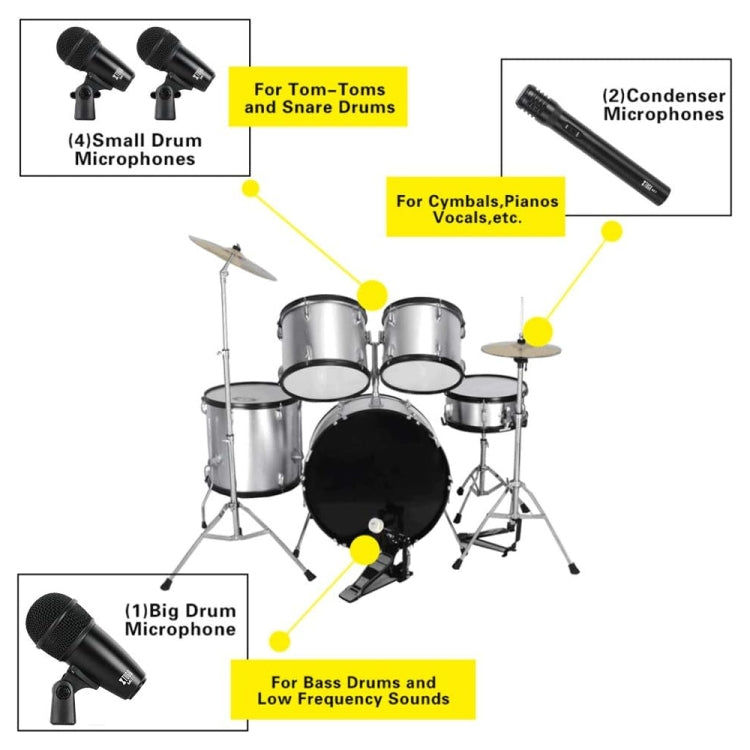 XTUGA MI7-G 7-Piece Wired Dynamic Drum Mic Kit Kick Bass Tom/Snare Cymbals Microphone Set - Microphone by XTUGA | Online Shopping South Africa | PMC Jewellery | Buy Now Pay Later Mobicred