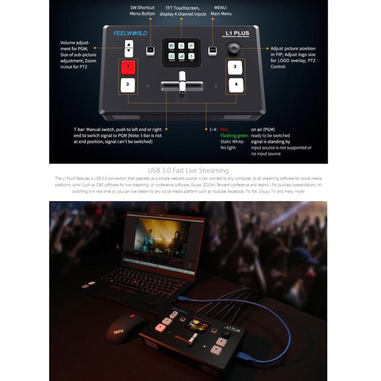 FEELWORLD L1 PLUS Multi-camera Video Mixer Switcher Touch Screen PTZ Control USB3.0 Fast Streaming Switcher (EU Plug) - Live Sound Effects Processors by FEELWORLD | Online Shopping South Africa | PMc TechLife | Buy Now Pay Later Mobicred