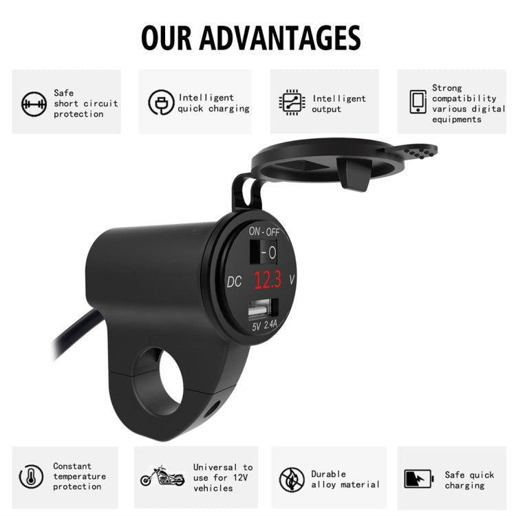 ZH-975B1 Motorcycle Aluminum Alloy Waterproof Mobile Phone Single USB Charger with Red Voltmeter(Black) - Battery Charger by PMC Jewellery | Online Shopping South Africa | PMC Jewellery | Buy Now Pay Later Mobicred