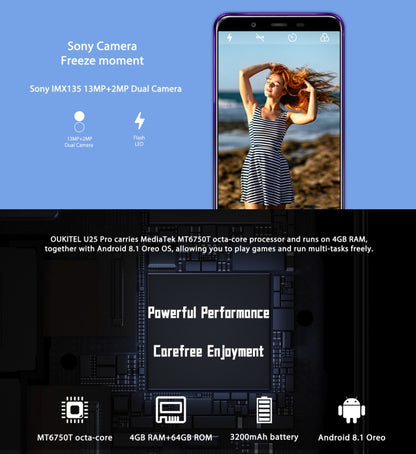 [HK Warehouse] OUKITEL U25 Pro, 4GB+64GB, Dual Back Cameras, Fingerprint Identification, 5.5 inch Android 8.1 MTK6750T Octa Core up to 1.5GHz, Network: 4G, Dual SIM, OTG, OTA(Twilight) - Other by OUKITEL | Online Shopping South Africa | PMC Jewellery | Buy Now Pay Later Mobicred